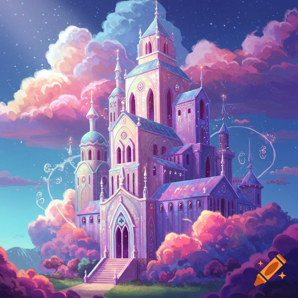 A pastel fantasy castle surrounded by colorful clouds under a starry sky