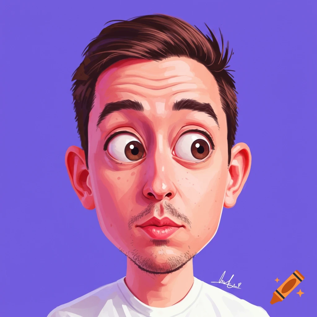 Cartoon caricature of a man with wide eyes looking left on a purple background.