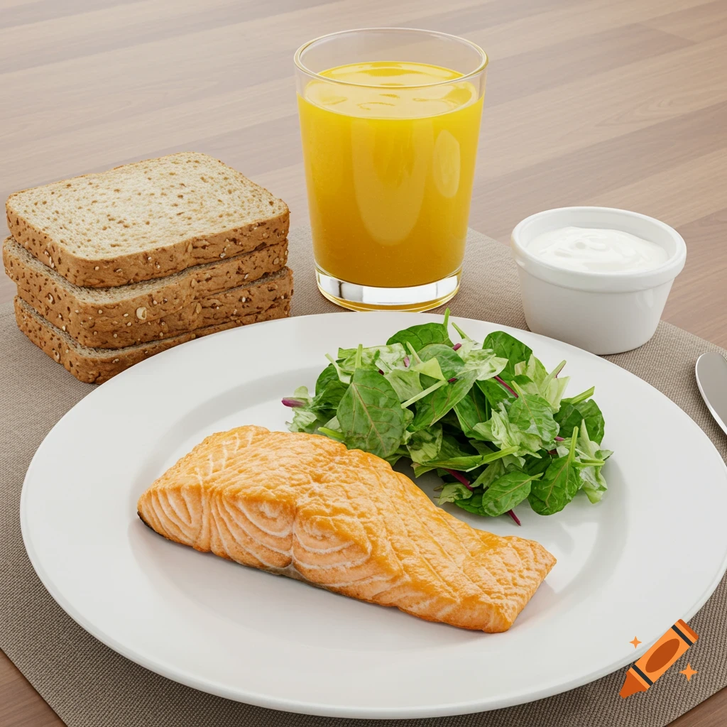 A plate with salmon and greens, a glass of orange juice, whole wheat bread, and a cup of yogurt on a table.