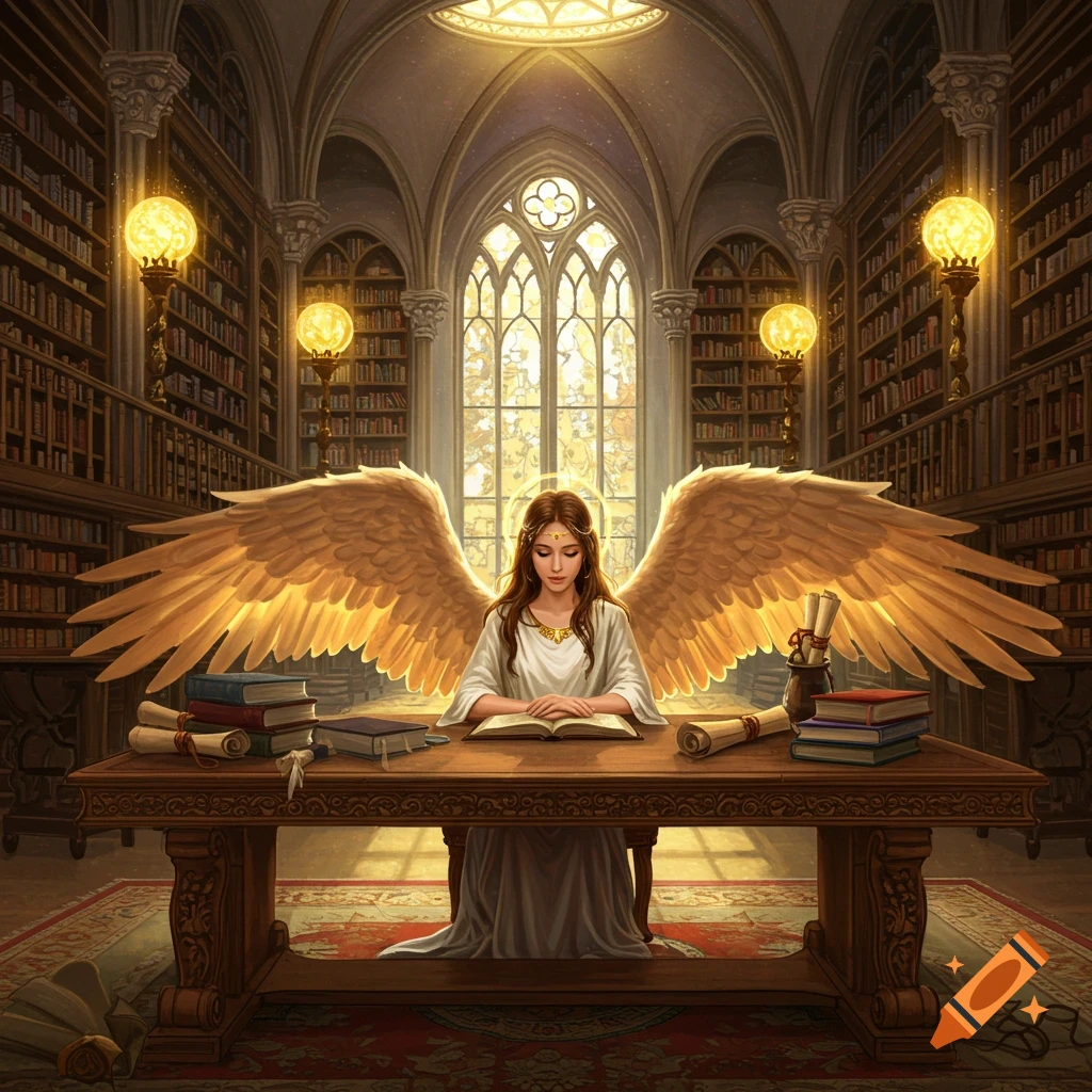 An angel with wings reads a book at a table in a large library.