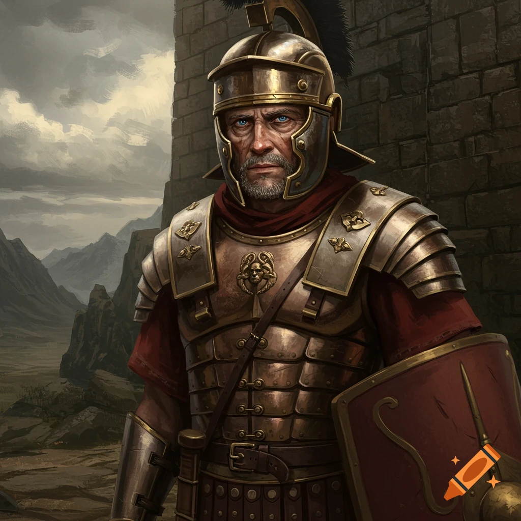 A middle-aged Roman soldier in armor, holding a shield and spear.