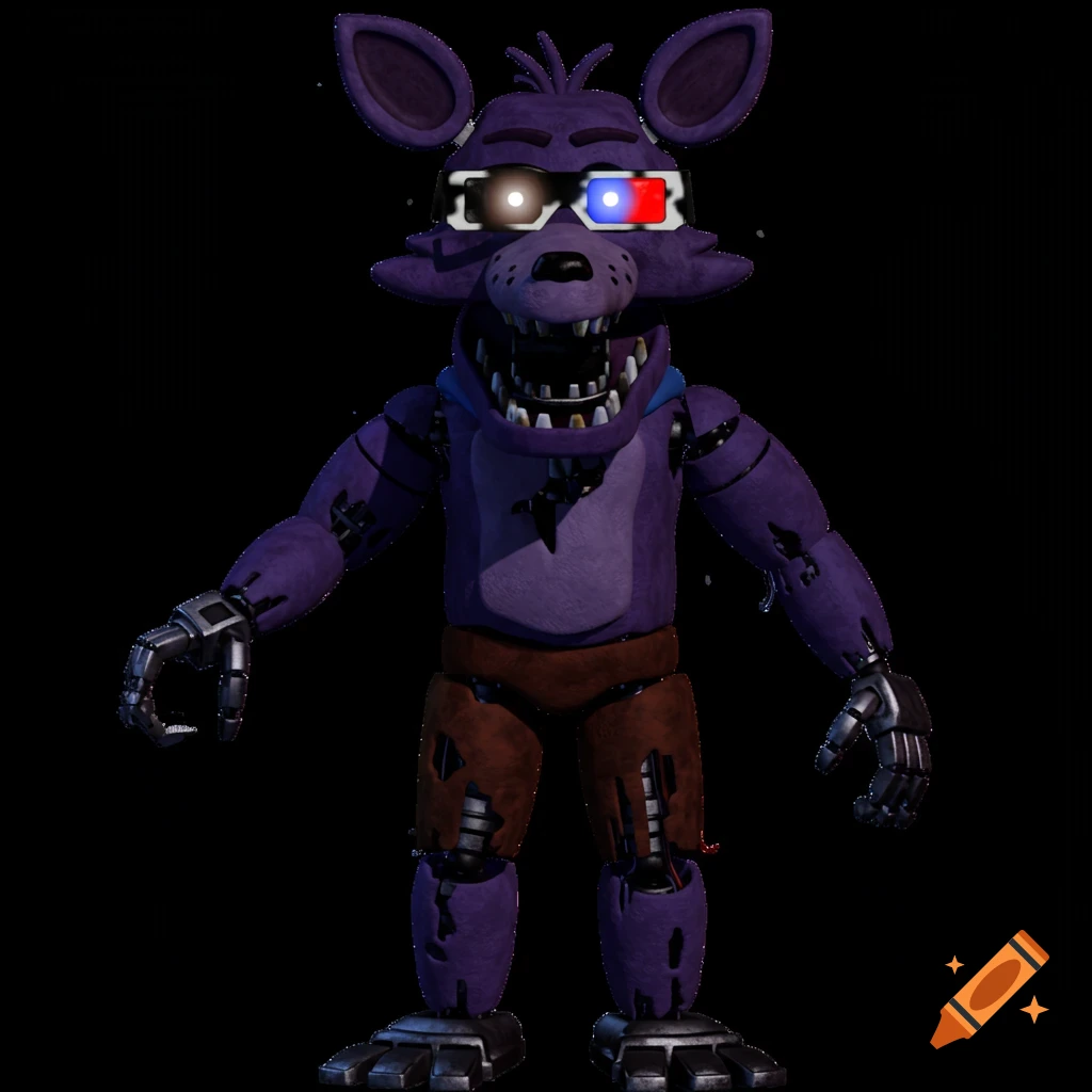 A purple fox animatronic with glowing eyes, 3D glasses, and a blue hoodie stands against a black background.