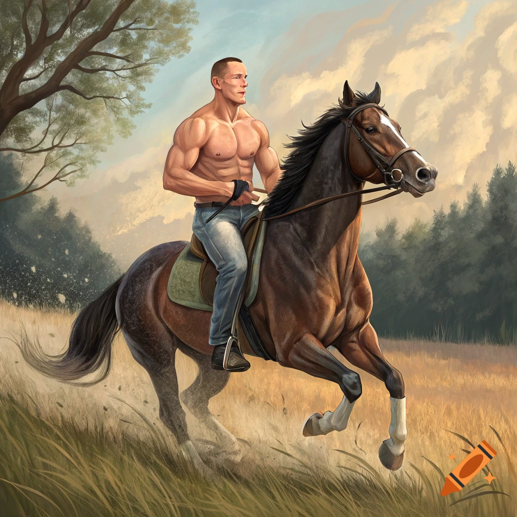 A muscular man rides a horse through a grassy field in a stylized landscape.