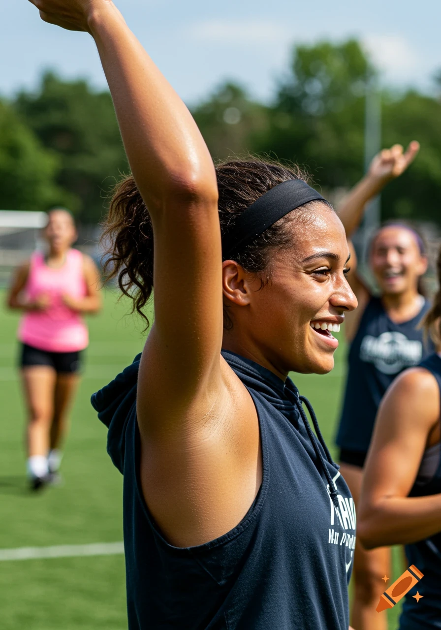 Close-up side view of a smiling woman with raised arm on a sunny soccer field.