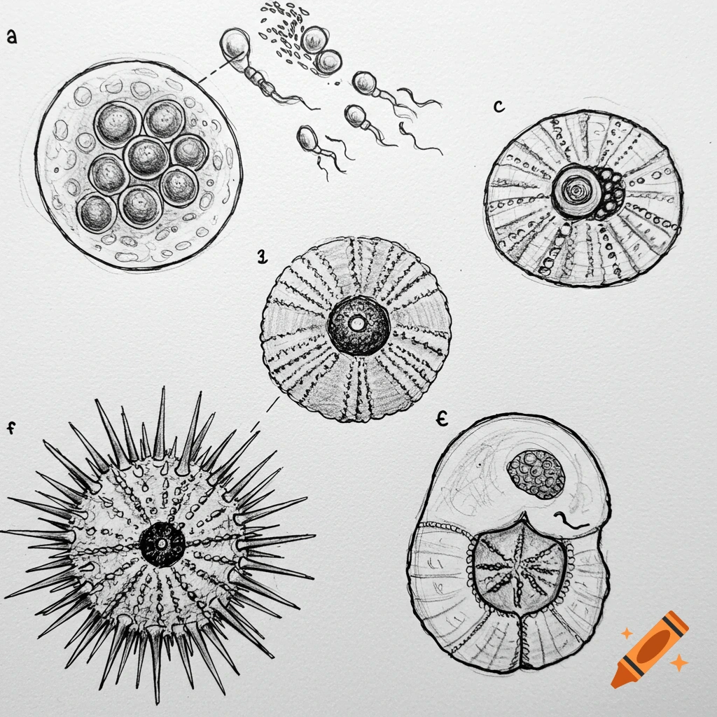 Ink sketches illustrating biological structures, including cells and sperm, labeled with letters and symbols.