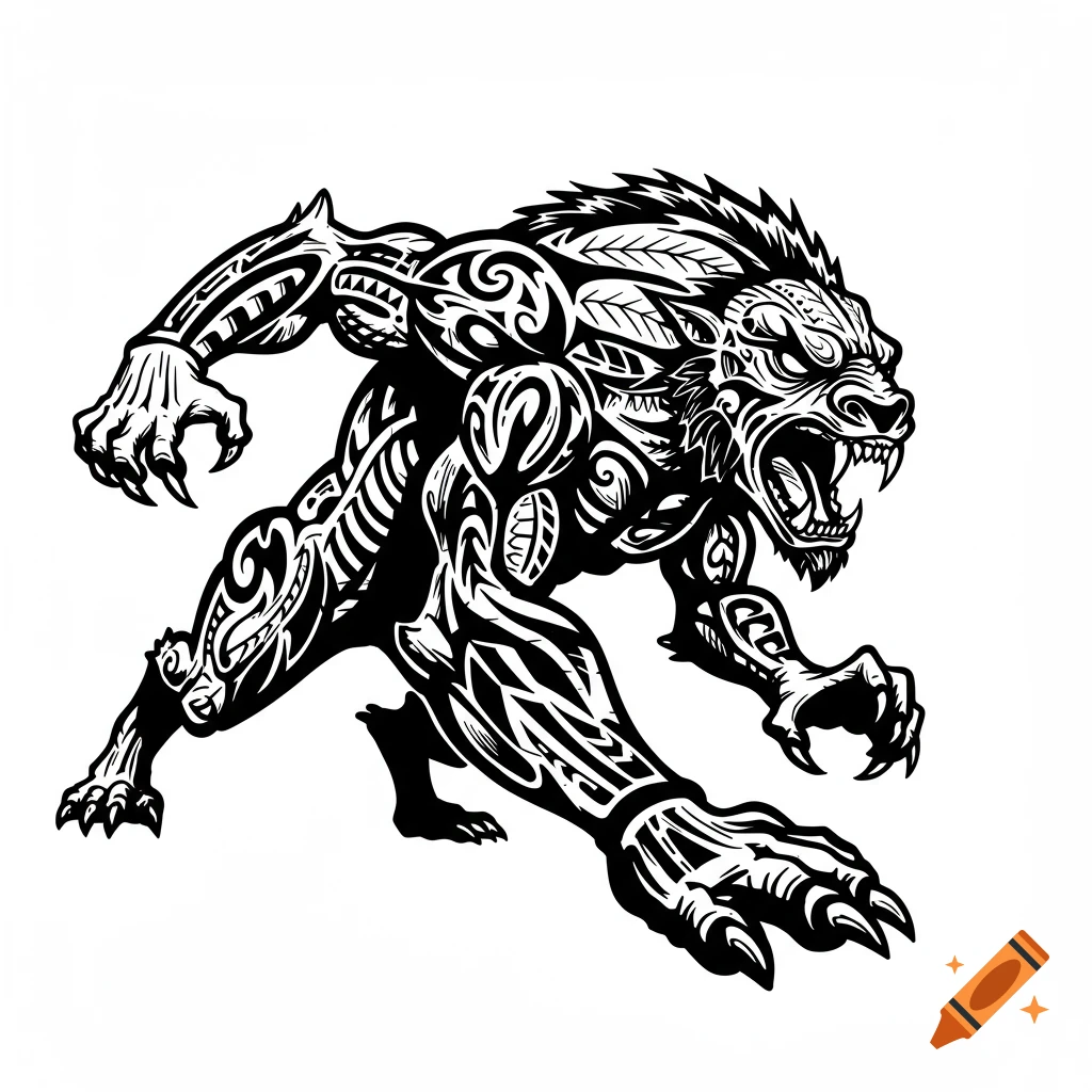 Black and white tribal tattoo-style illustration of a leaping beast.