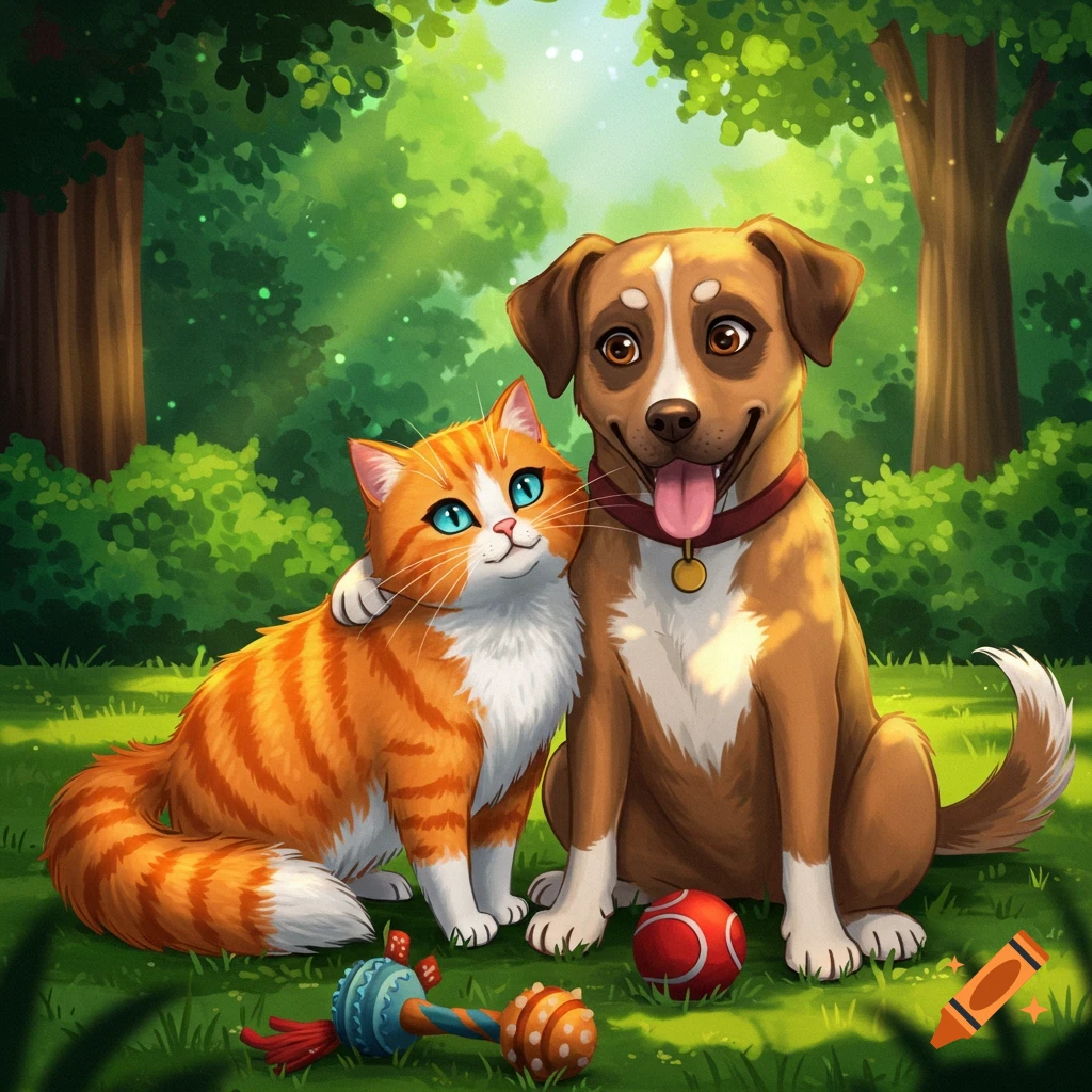 An orange cat and a brown dog sitting together in a park with toys.