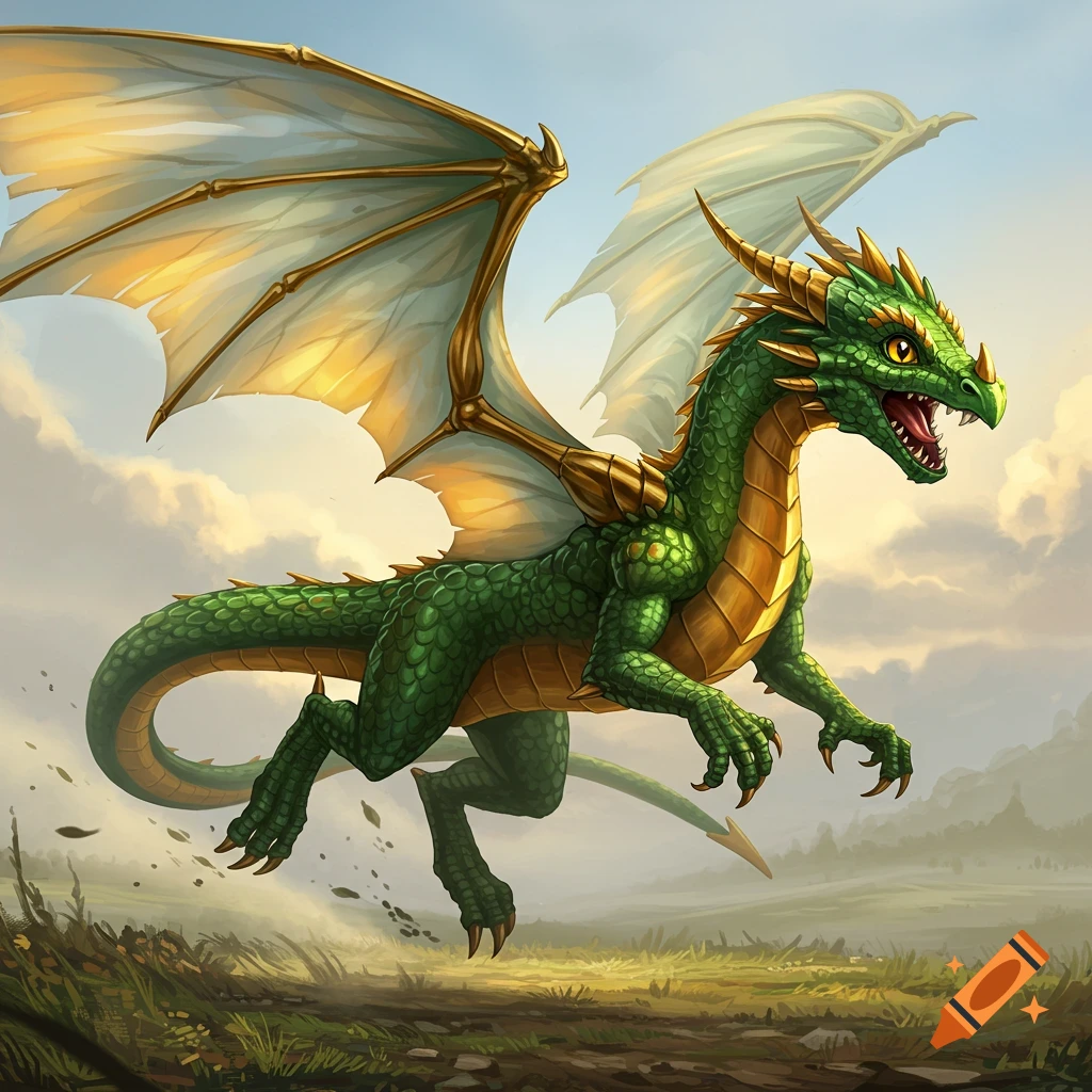 A green dragon with metal wings runs across a landscape under a cloudy sky.