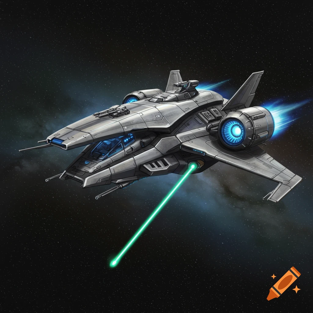A futuristic spaceship flying through space, firing a green laser beam.
