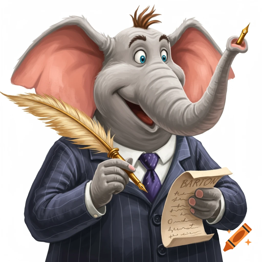 An anthropomorphic elephant in a pinstripe suit and tie holds a feather quill and a scroll, smiling.