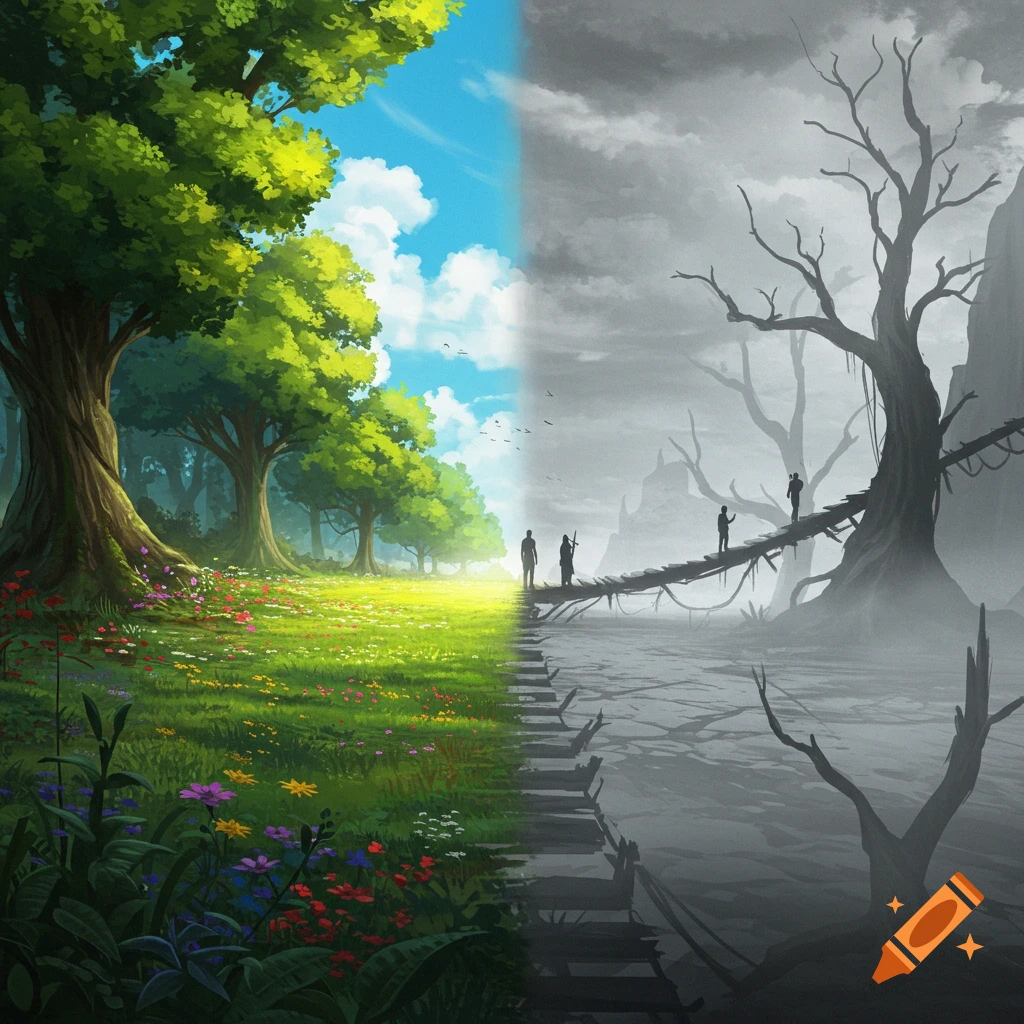 A landscape split between a vibrant green meadow and a grey, desolate wasteland, with figures crossing a bridge.