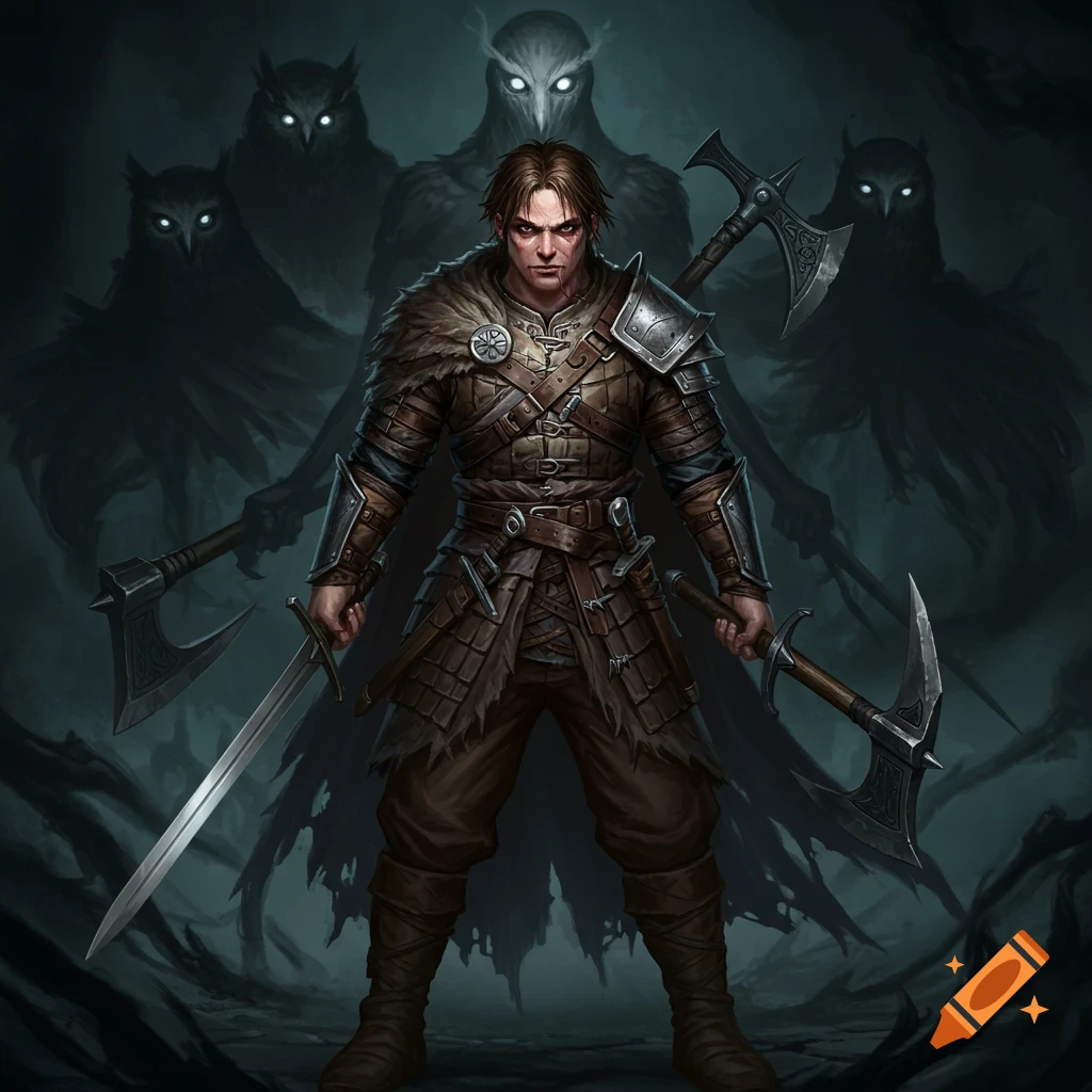 Dark fantasy image of a warrior with sword and axes, with shadowy owls behind him.