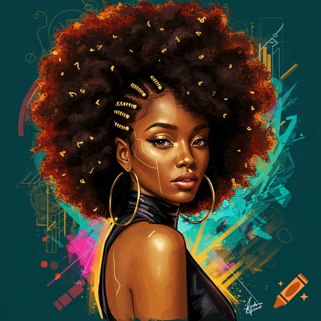 A woman with a large afro, gold accents on face and hair, and an abstract background.