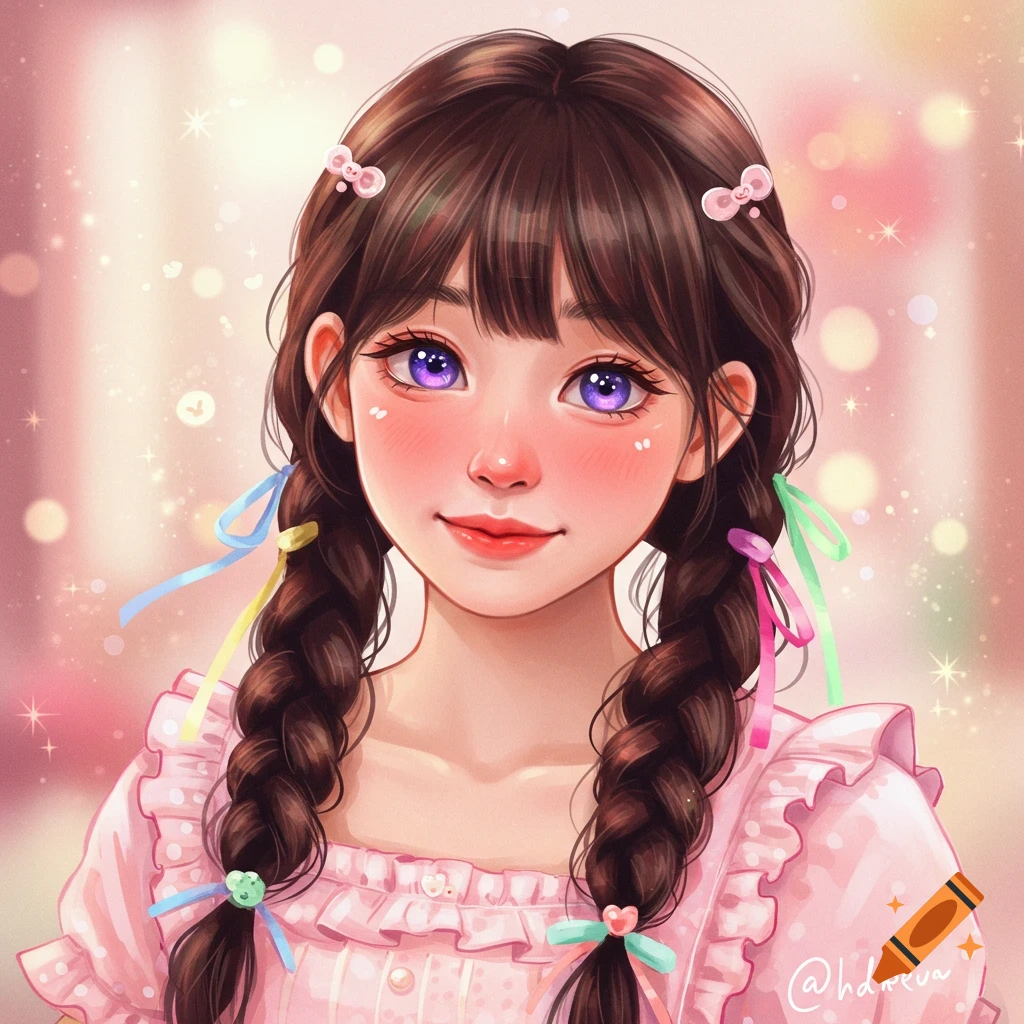A girl with braids, purple eyes, and a pink dress.
