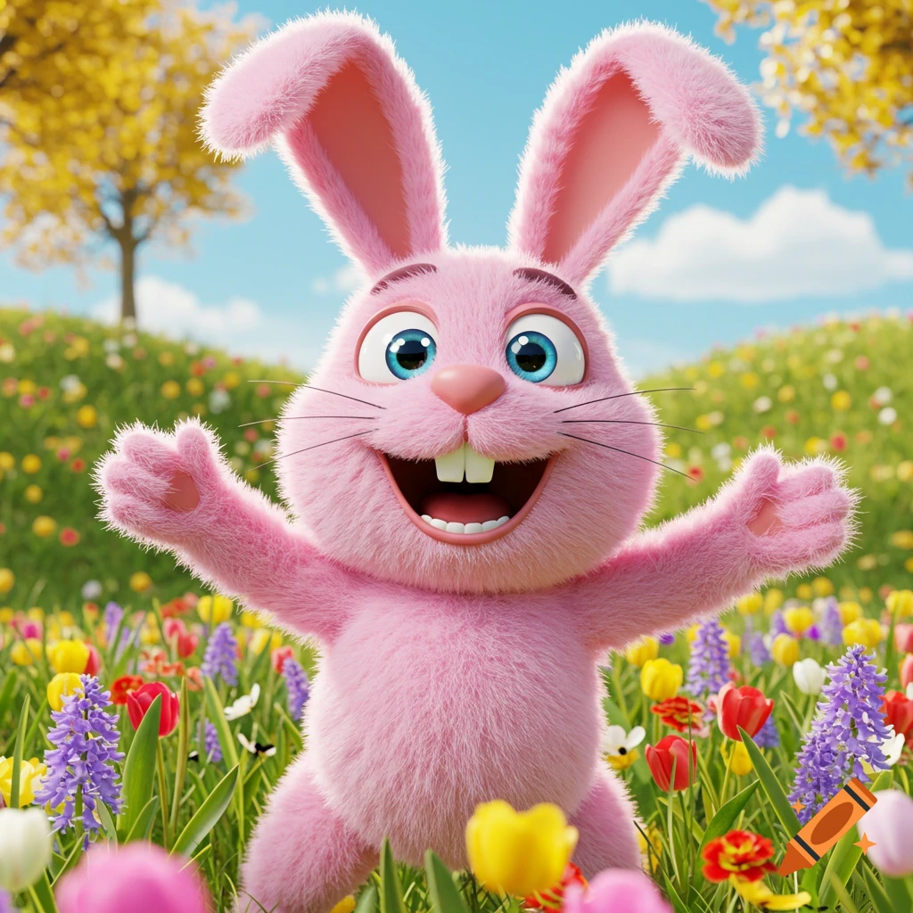 A happy pink cartoon rabbit with arms wide open stands in a colorful flower field under a blue sky.