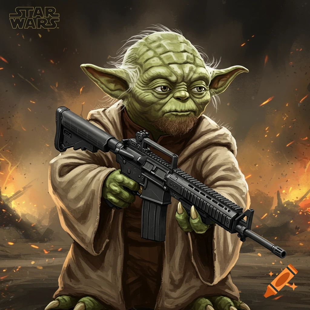 Yoda holding an assault rifle in a fiery battle scene.