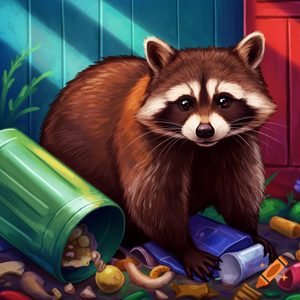 A raccoon digging through a tipped-over trash can.