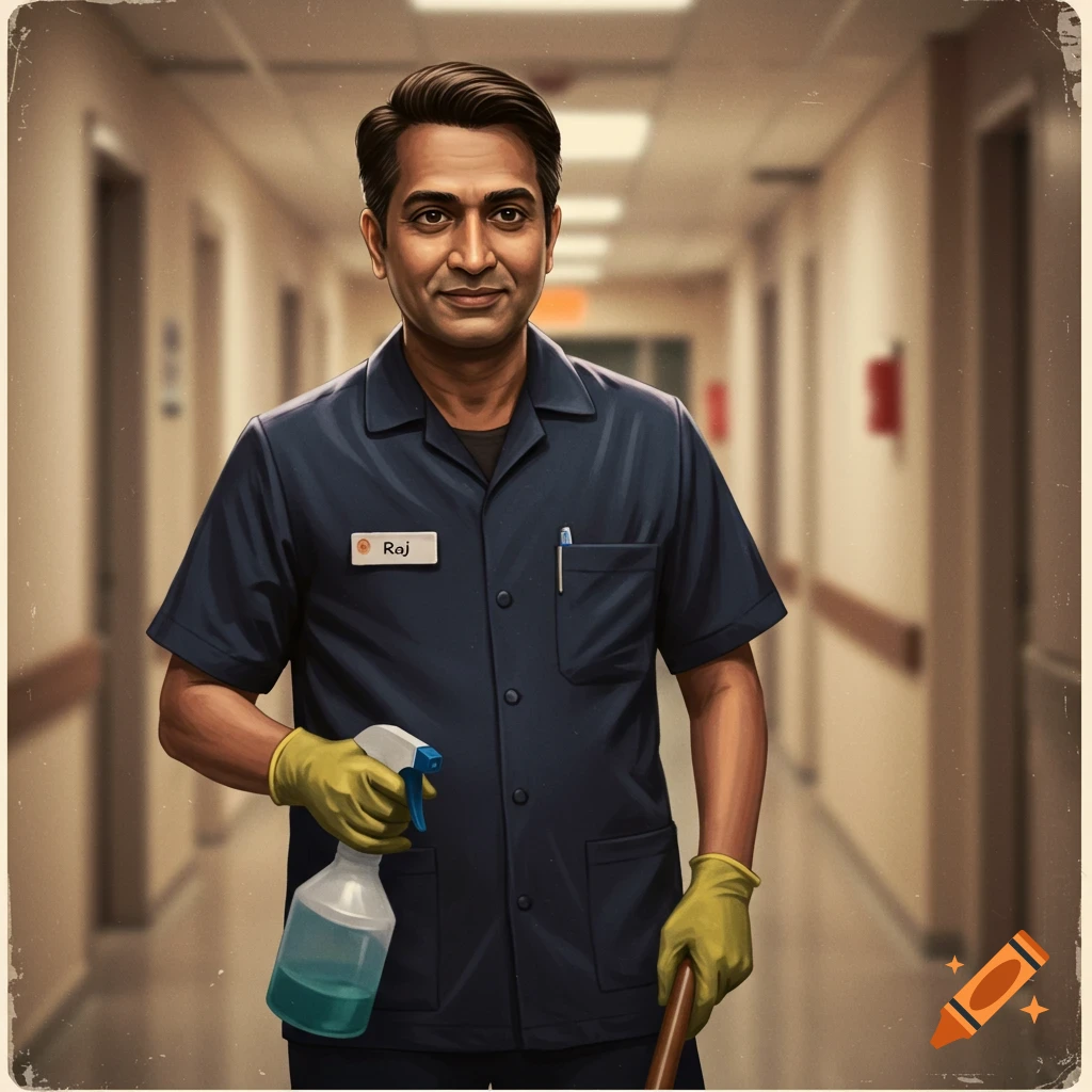 A janitorial cleaner, Raj, holding a spray bottle and mop in a hallway.