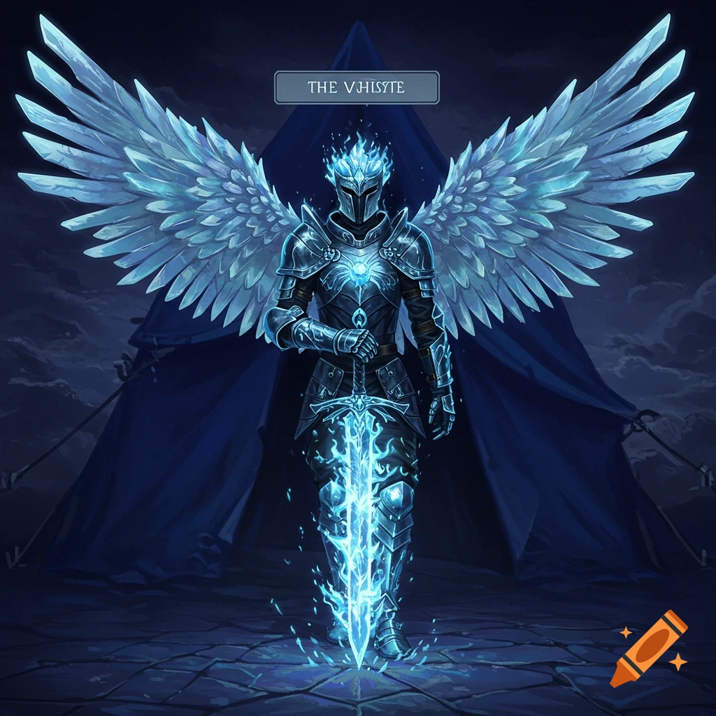 A fantasy knight with icy wings and a glowing blue sword.