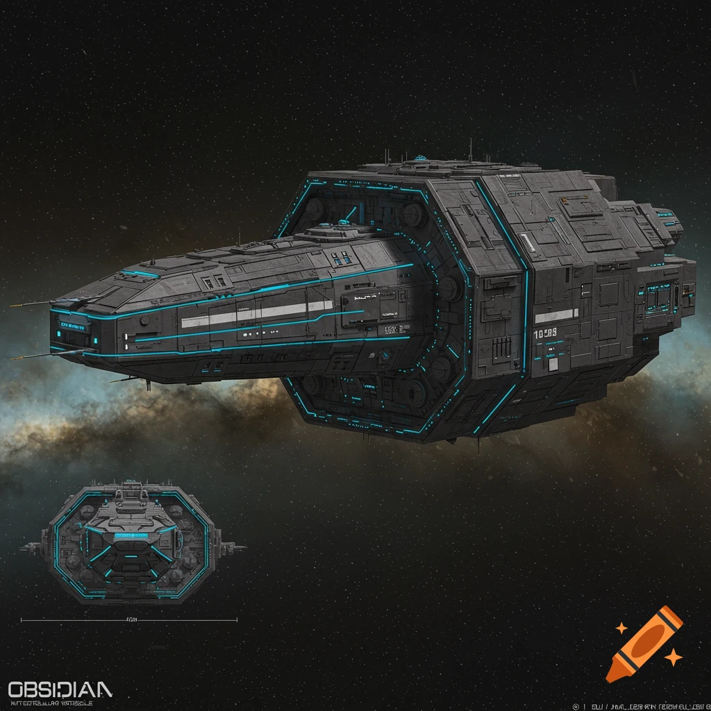 Detailed rendering of a dark gray hexagonal spaceship with blue lights in space.