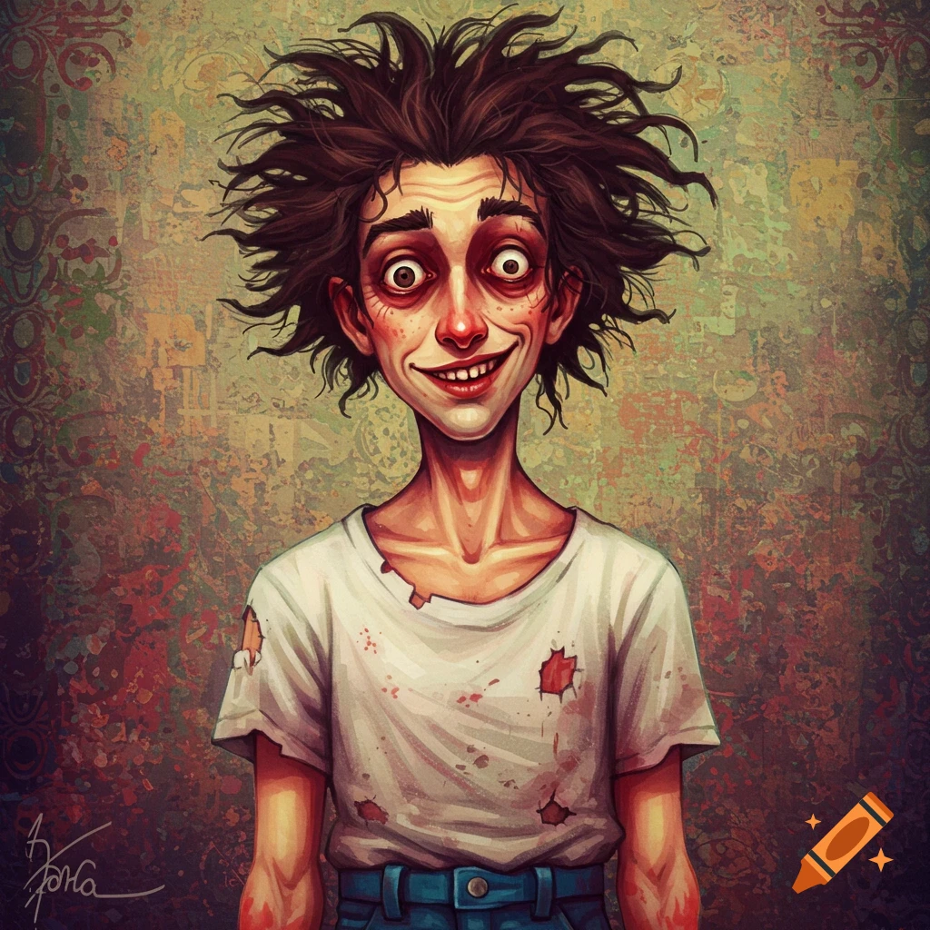 Stylized cartoon portrait of a wide-eyed character with messy hair and blood-stained shirt