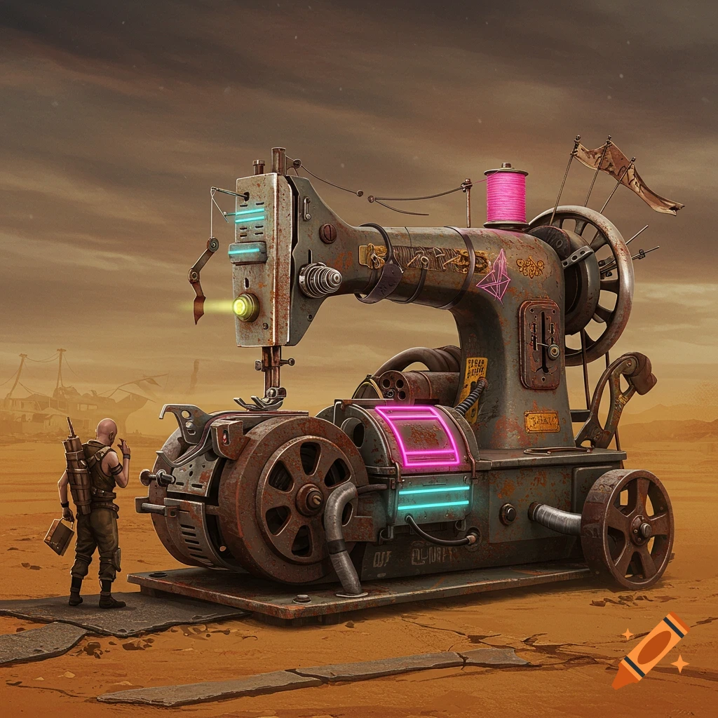 A large, rusty sewing machine on wheels with glowing lights sits in a desert landscape, with a person standing nearby.