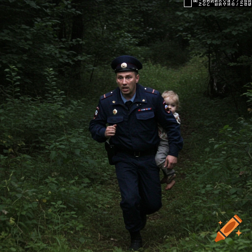 Police officer runs through a dark forest carrying a child, photorealistic style