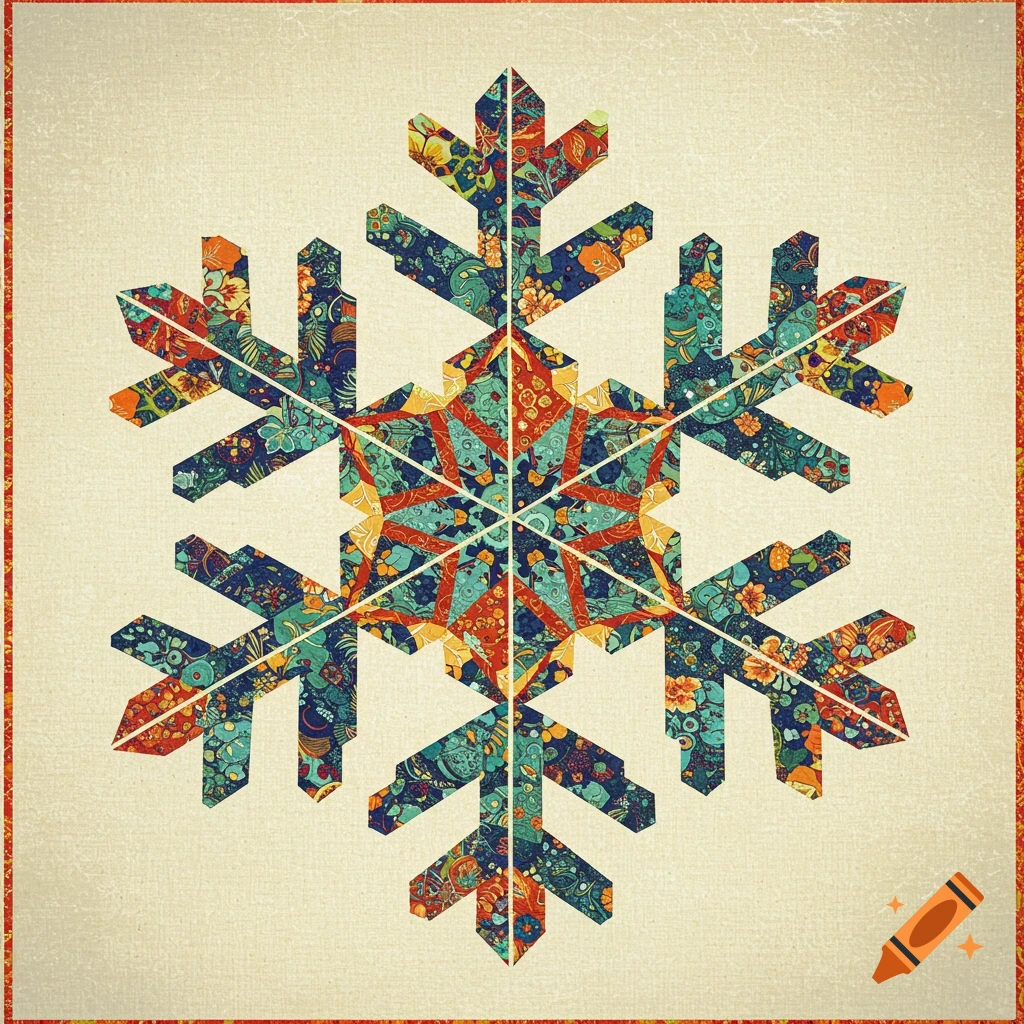 A colorful snowflake filled with intricate floral and paisley patterns, resembling a paperpieced quilt, on a textured background with a red border.