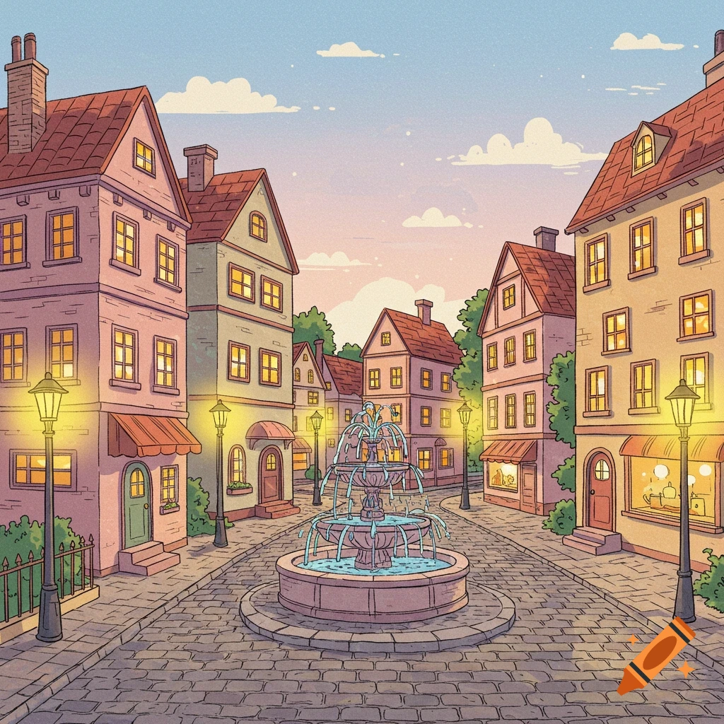 Illustrated street scene with houses, street lights, and a fountain.