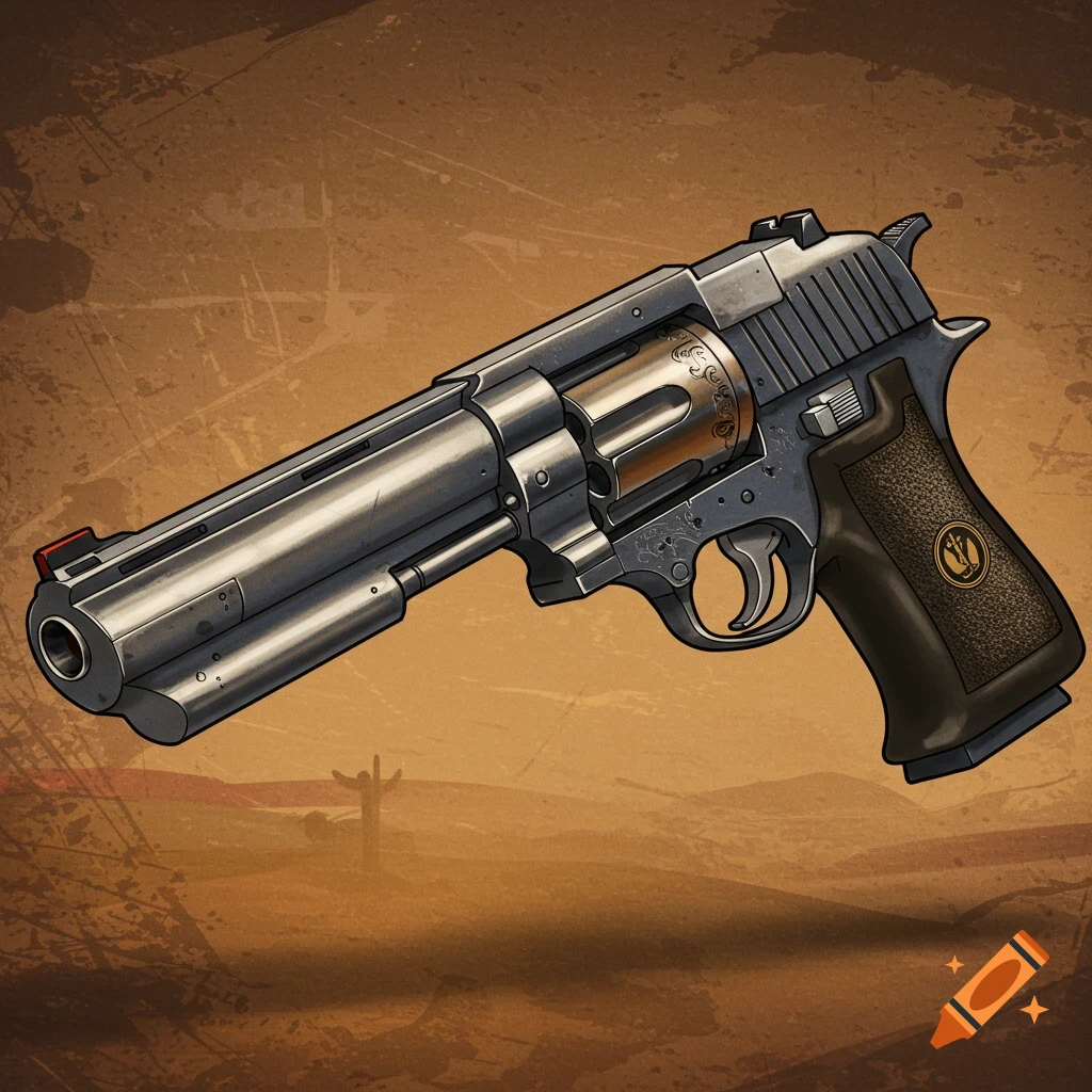A stylized revolver/pistol hybrid in a desert landscape.