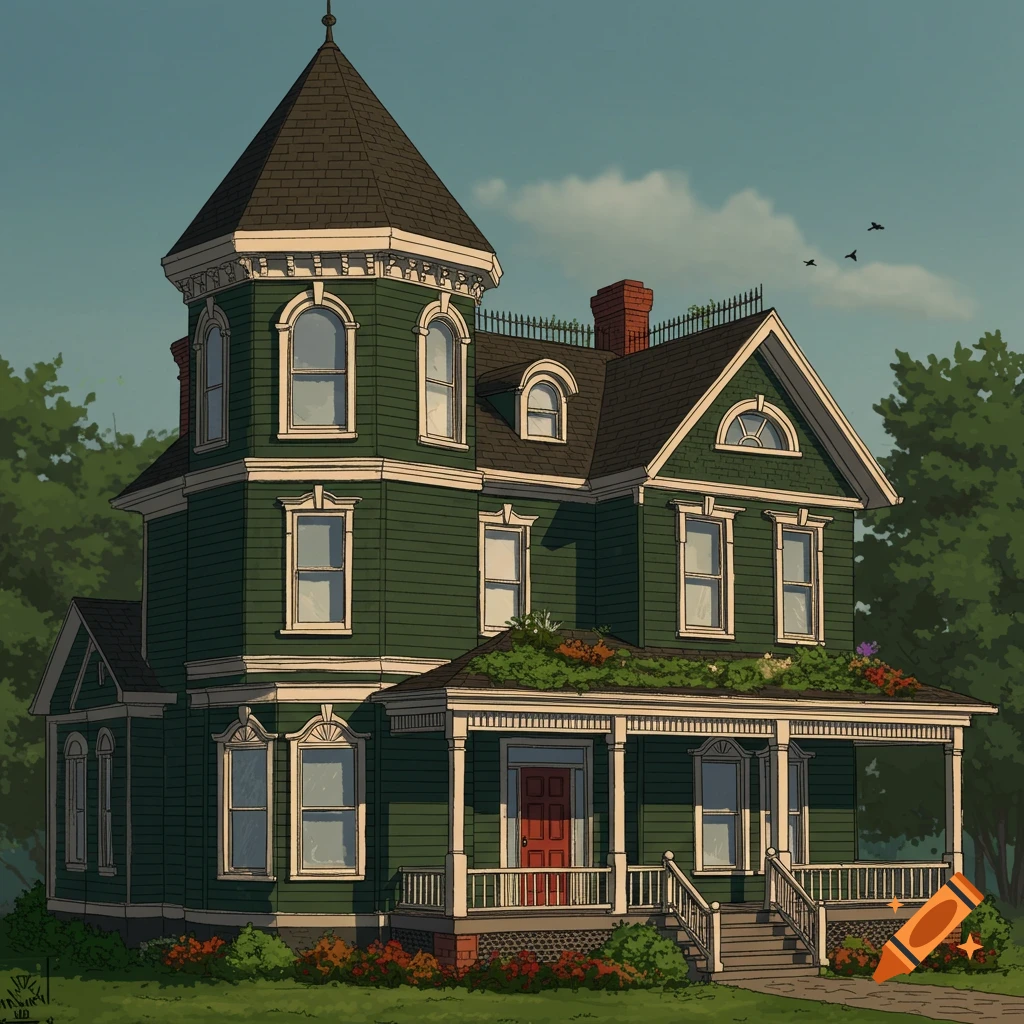 Illustration of a dark green Victorian house with a tower, porch, and garden roof.