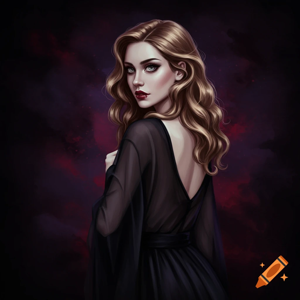 A goth vampire woman in a sheer black gown looks over her shoulder.