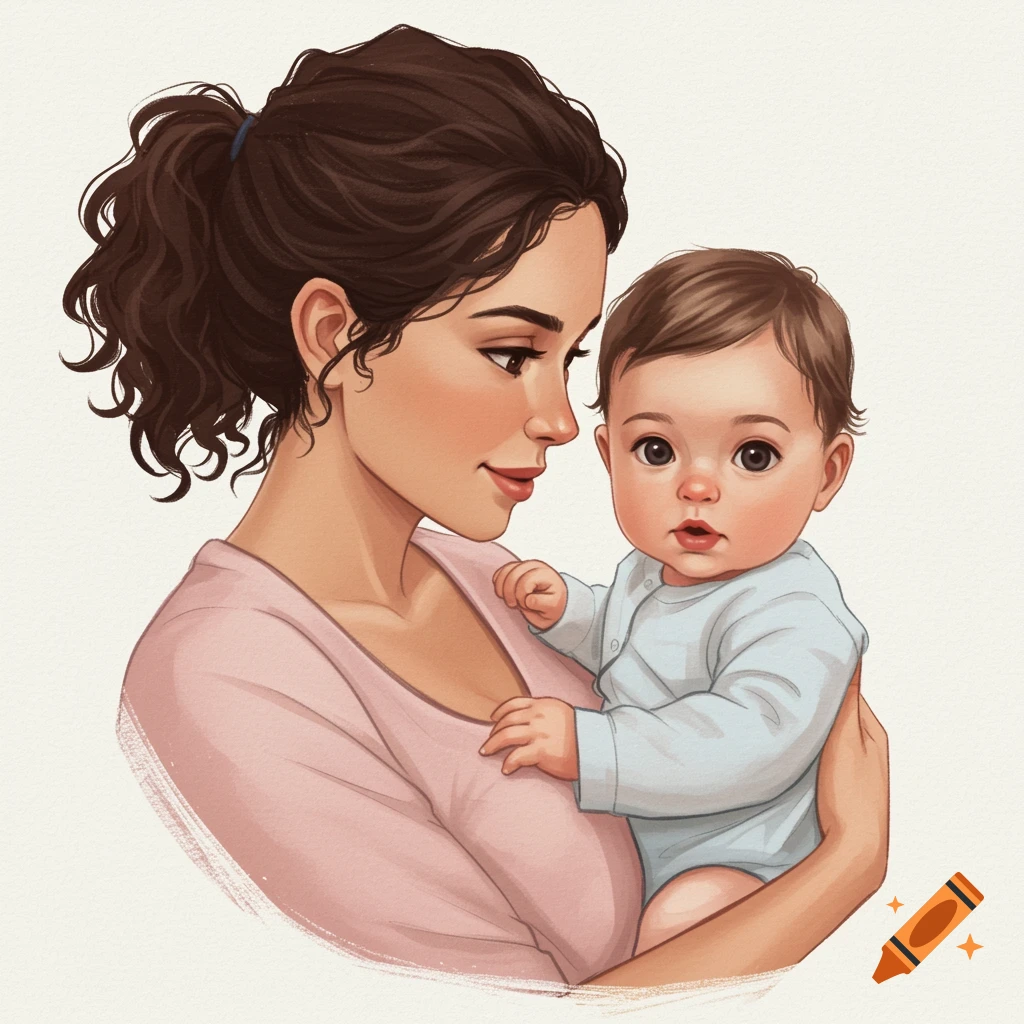 Illustration of a mother gently holding her baby daughter.