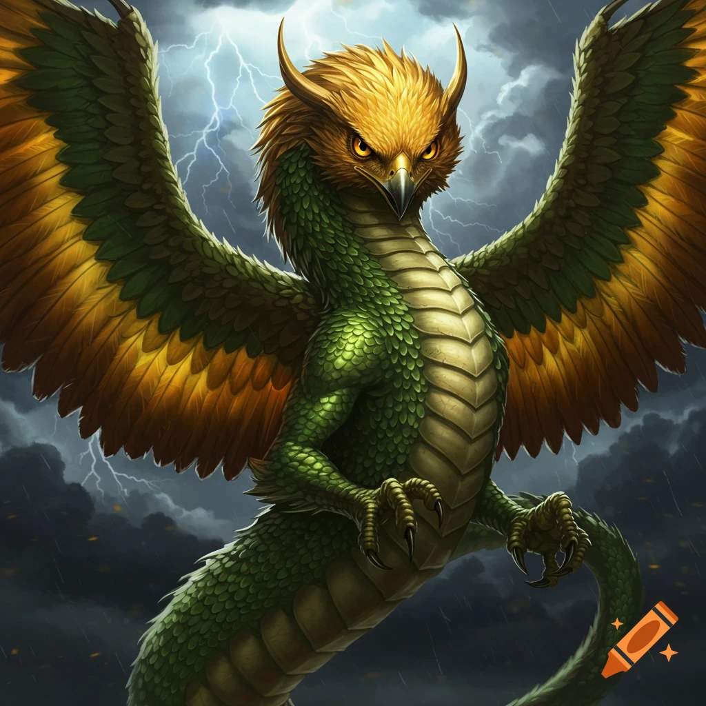 An eagle and dragon chimera in a stormy sky with lightning