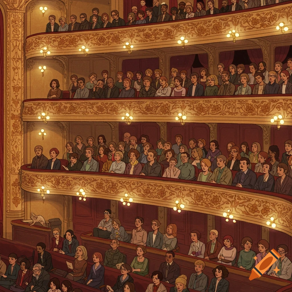 Illustration of a theatre audience seated in balconies and lower levels