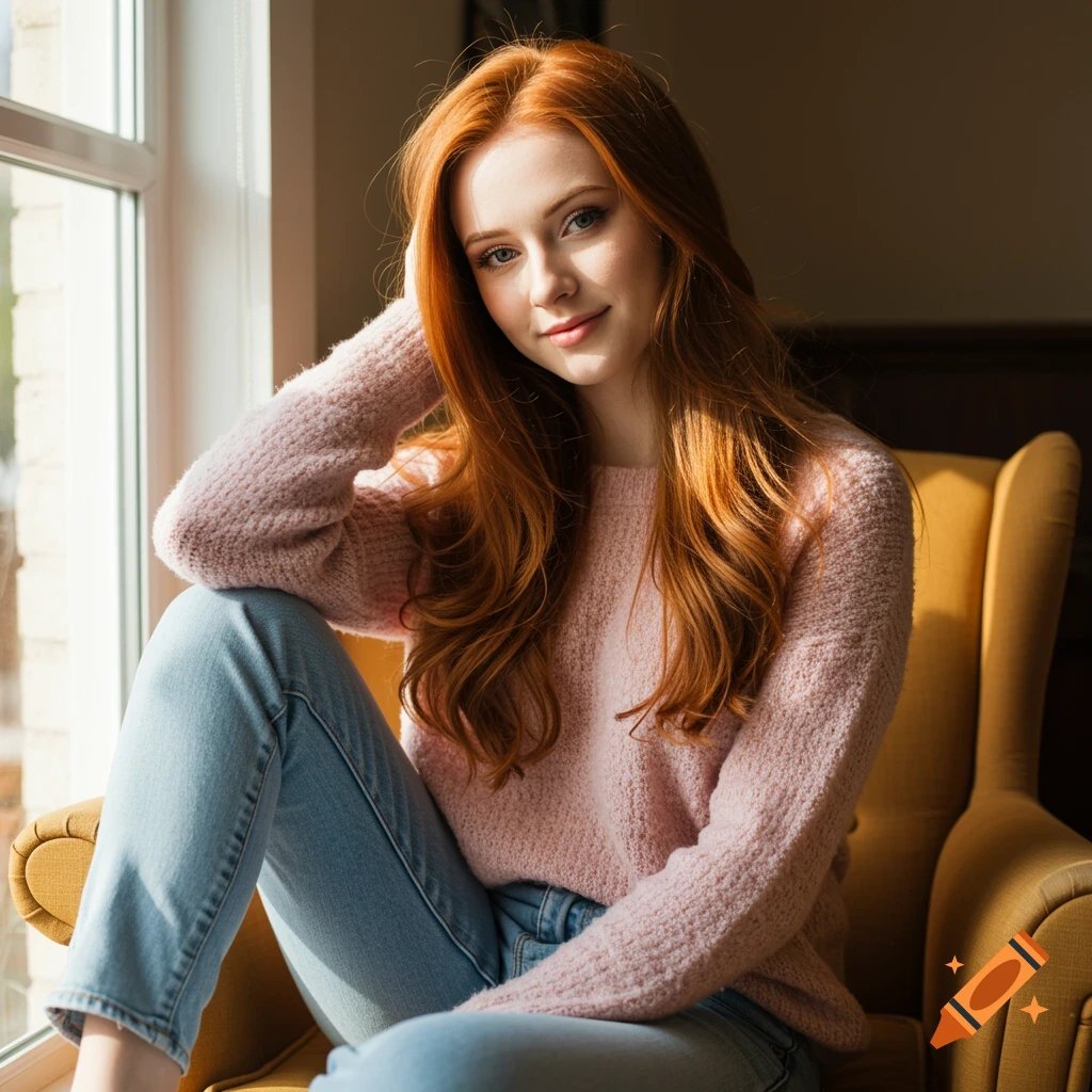 Portrait of a young woman with long auburn hair in a pink sweater and jeans, sitting by a window in a yellow armchair.