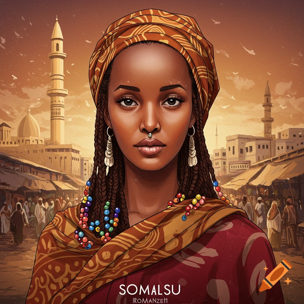 A woman with a head wrap and beads stands before a market scene with minarets.