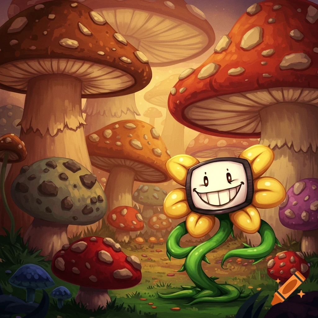 A flower with a TV screen face smiles in a forest of large, colorful mushrooms.