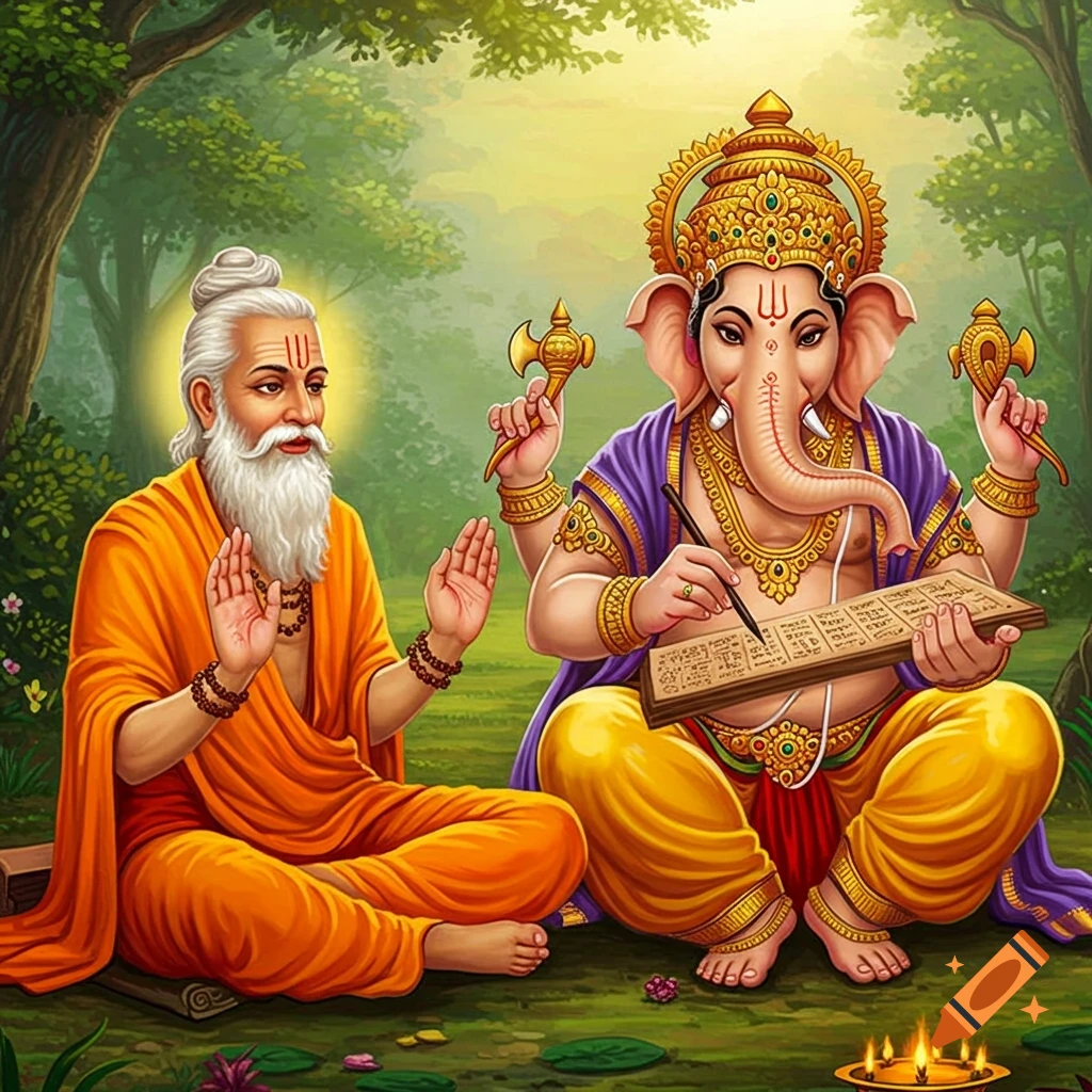 Ganesha writes on a tablet while sage Vyasa narrates in a forest clearing.