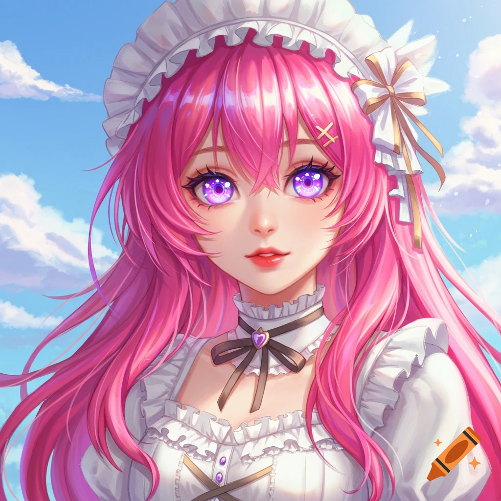 Close-up anime portrait of a girl with pink hair and purple eyes wearing a maid outfit under a blue sky.