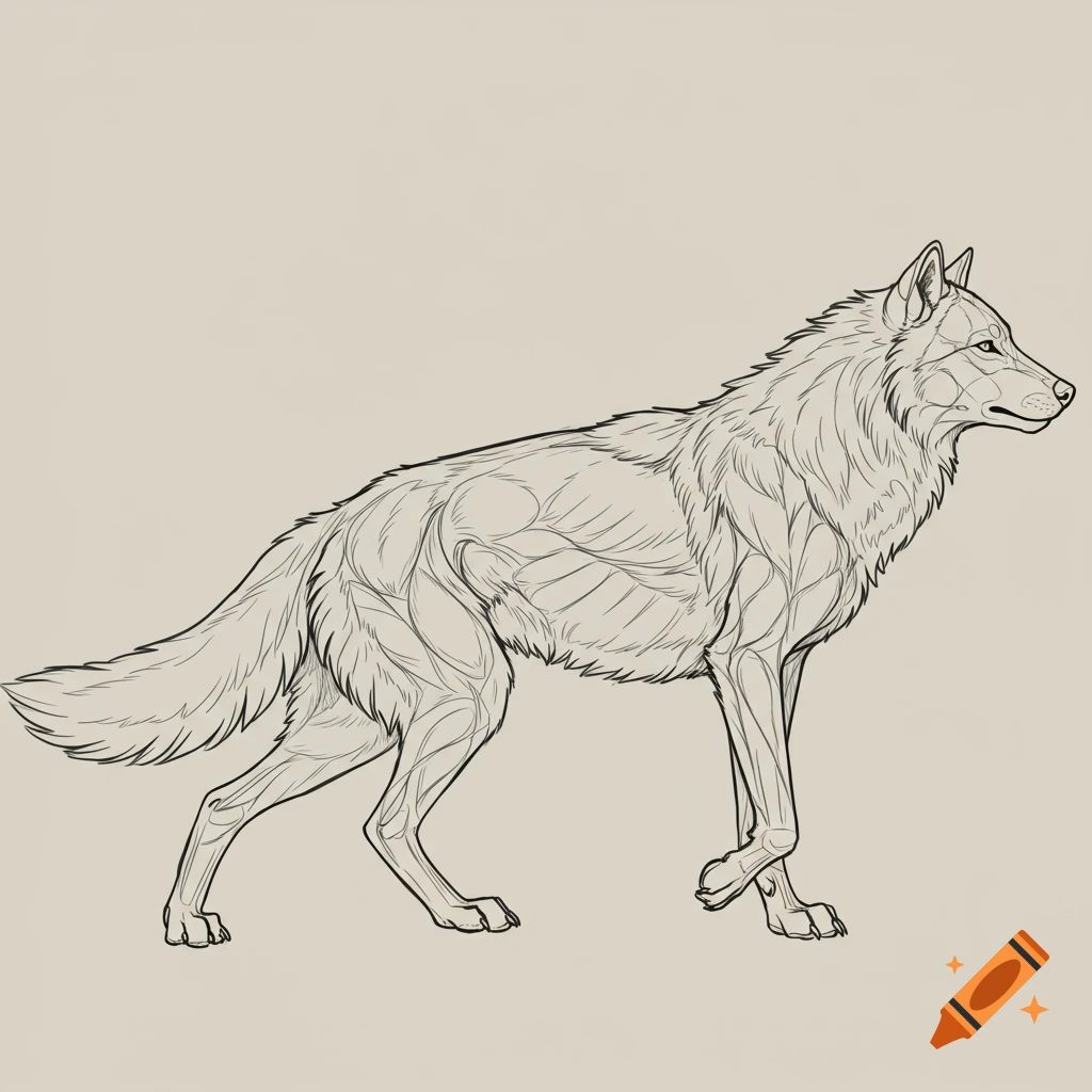 Side view line drawing of a wolf.