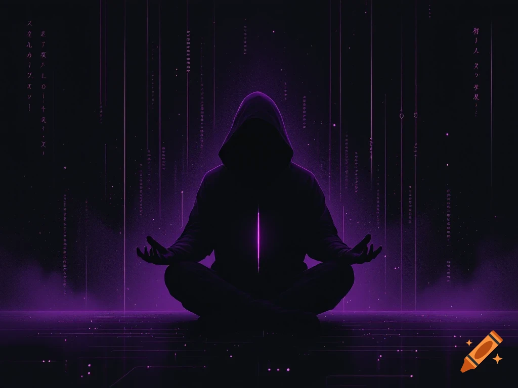 A silhouetted hooded figure meditates cross-legged in a dark room with glowing purple digital lines and characters in the background.