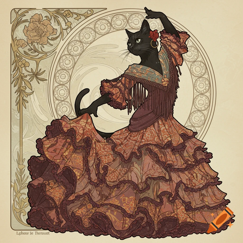 A black cat in a vibrant flamenco dress in the style of Art Nouveau.