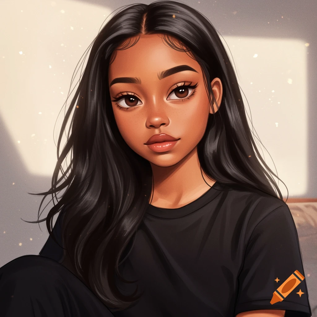 Illustrative portrait of a young woman with dark hair and light brown skin wearing a black t-shirt.