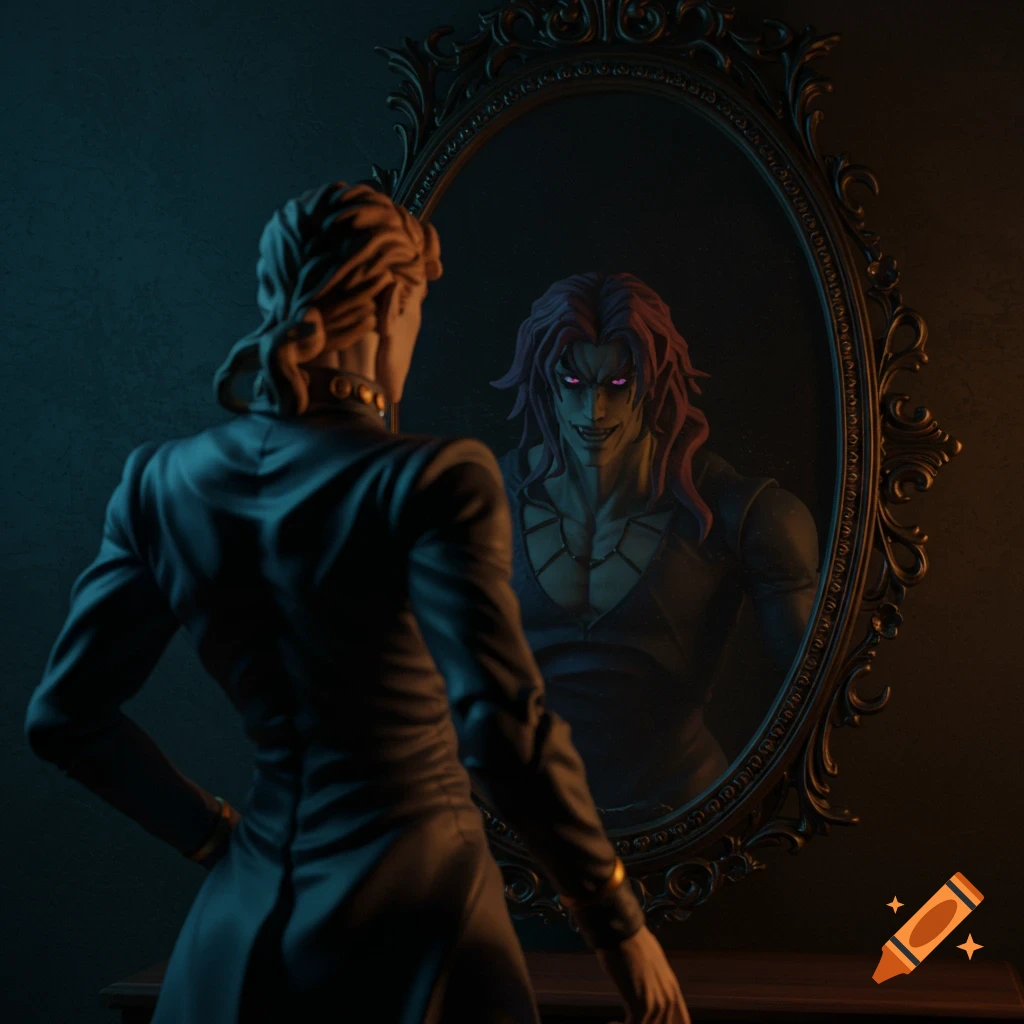 Digital illustration of a person with their back turned looking into a mirror that reflects a different person with purple hair and a menacing grin.