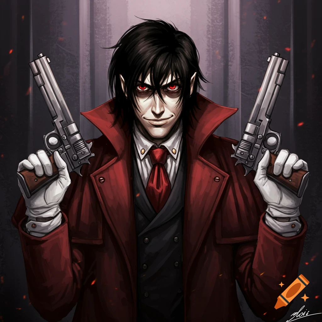 Alucard from Hellsing stands holding two large pistols, smiling ominously.