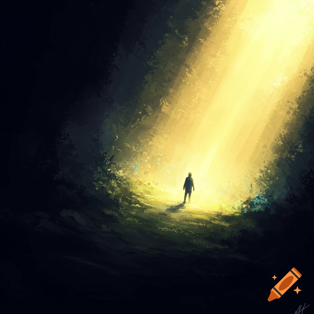 A silhouette figure stands in a dark forest, illuminated by a bright light from above.