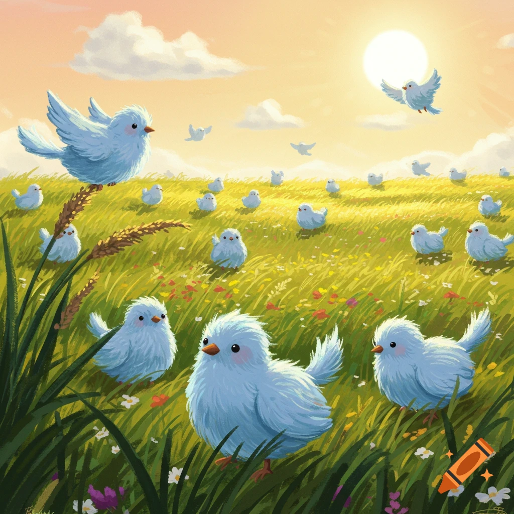 Many fluffy blue birds in a sunny field of grass and flowers.