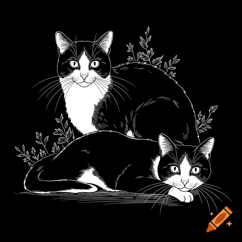 Black and white line drawing of two cats sitting and lying down among leaves.