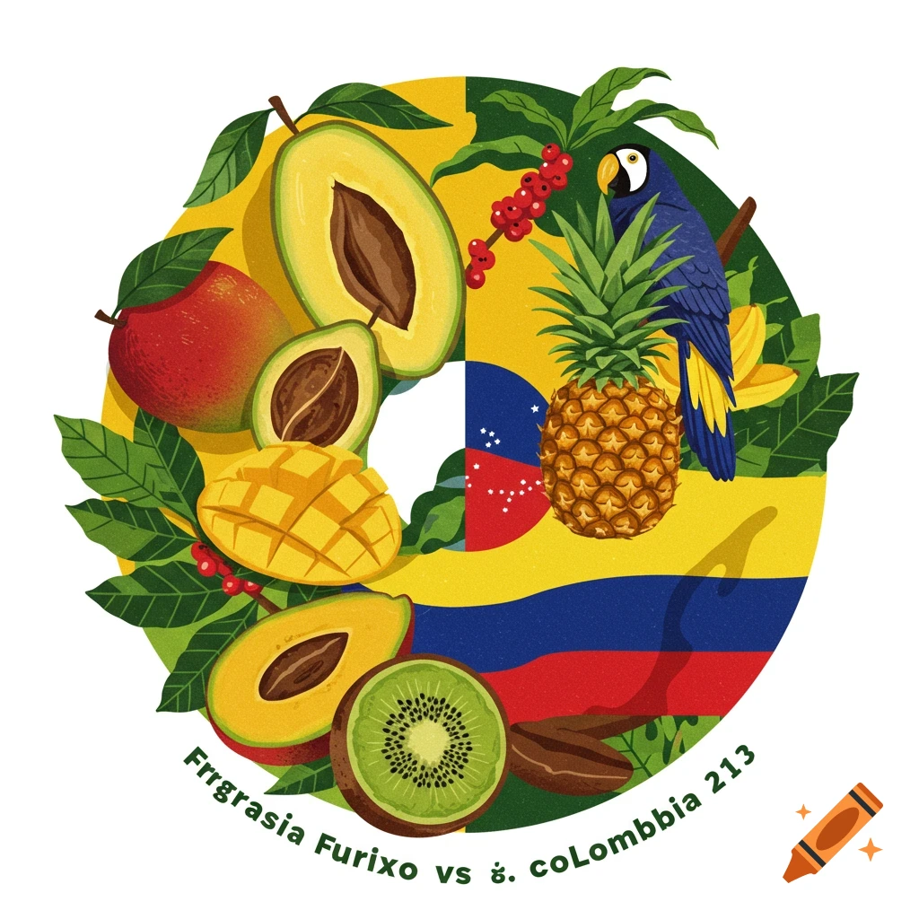 A circular logo featuring various fruits, a parrot, and segments of the flags of Brazil, Colombia, and Venezuela.